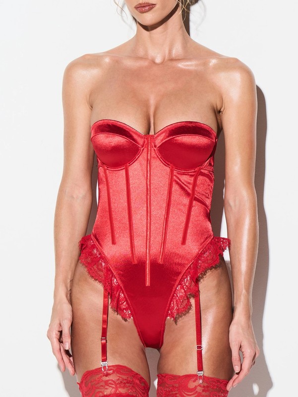 KIZN satin bustier bodysuit with lace trim and suspender straps cheap24 gallery