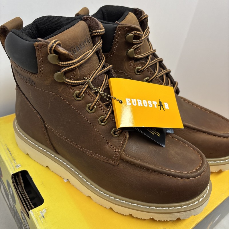 Eurostar Brown Leather Men's Work Boots Lace Up Rugged Rubber Sole Round Toe 6.5 gallery