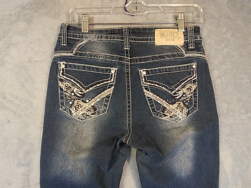 Rebel Jeans Size 9/27 Blue Light Distress Embroidered Glitter Missing Button gallery