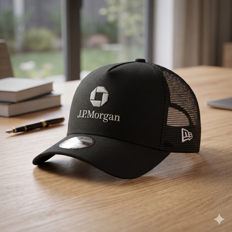 JP Morgan Logo Embroidered Black Trucker Hat Mesh Back Adjustable Snapback Cap gallery