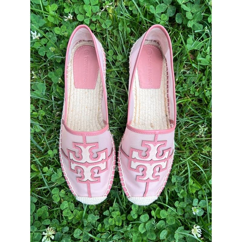 Tory Burch Ines Mesh Espadrille Flats Womens 10 Pink Logo Slip On Shoes LNWT
