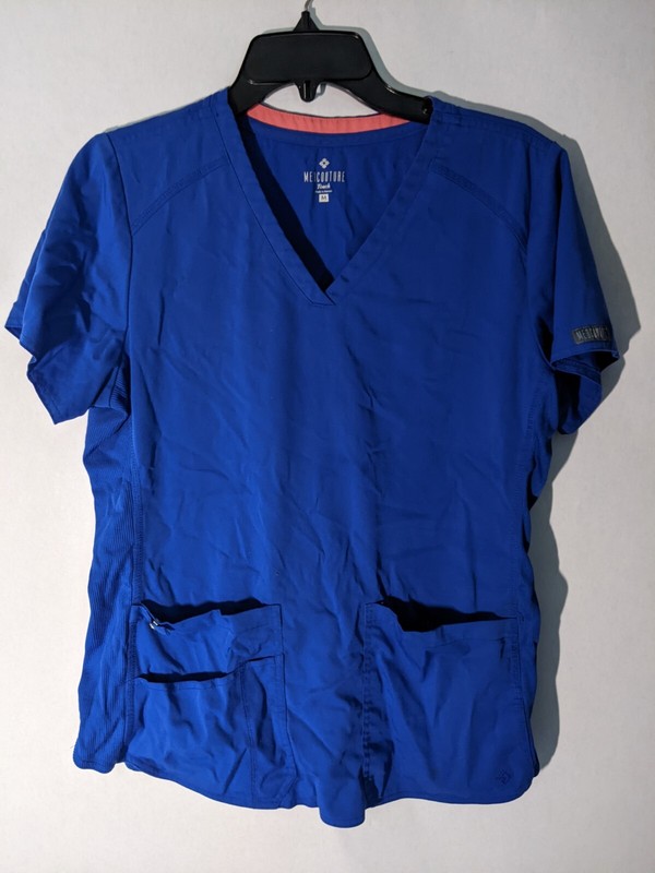 Med Couture Touch V Neck Scrub Top Blue Short Sleeve Sz Medium Work Wear Nurse