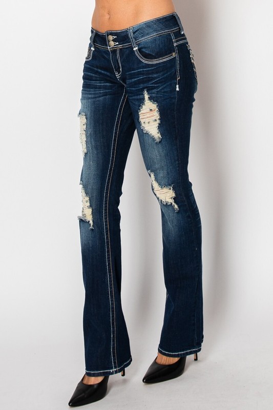 RUE21 True 21 BLACK Slim Boot Cut Stretch Denim Jeans Distressed Hip Huggers gallery