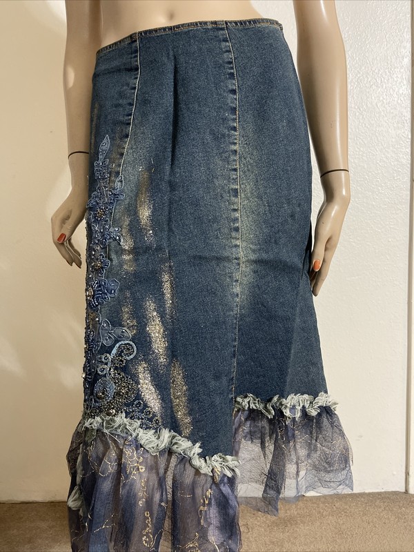 Blue Denim Beaded Embroidery Lace Boho Asymmetric Zip Size S(4-6) Skirt 9002