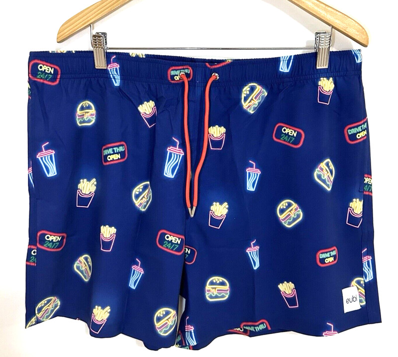 EUBI Swim Shorts Men XXL Fun Drive Thru Food Drink Neon Print Drawstring Lined