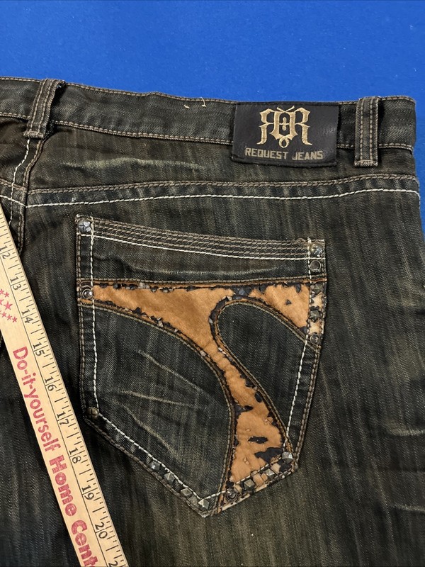 Request Relaxed Straight Jeans Mens 42×32 Black / Brown Fade Baggy Y2K Hip-Hop