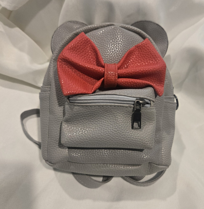 Gray Mickey Mouse Ears Mini Backpack Purse w/ Red Bow, Adjustable Strap, Zip