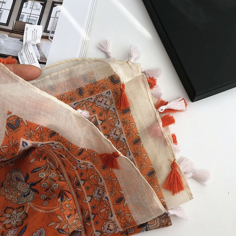 Orange Floral Cotton Linen Scarf for Women Lightweight Tassel Shawl Spring Fall gallery
