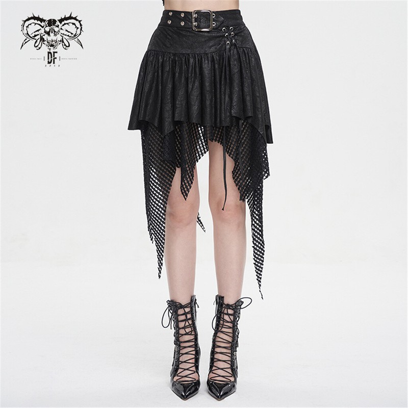 Devil Fashion Women Black Red Gothic Punk Net Splicing Pleated Irregular Skirt
