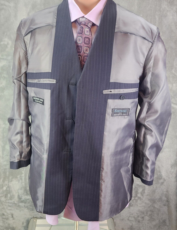 Ferrecci Uomo Suit Jacket Blazer Blue Pin Stripe Italy S40 Super 150s Drop 6-R gallery