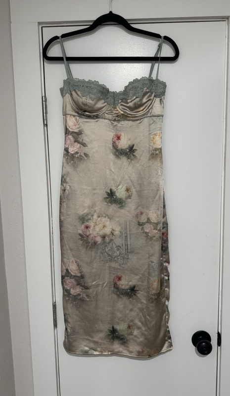 House of CB Underwired Floral Satin Lace Trim Full Slip Dress, Women’s M