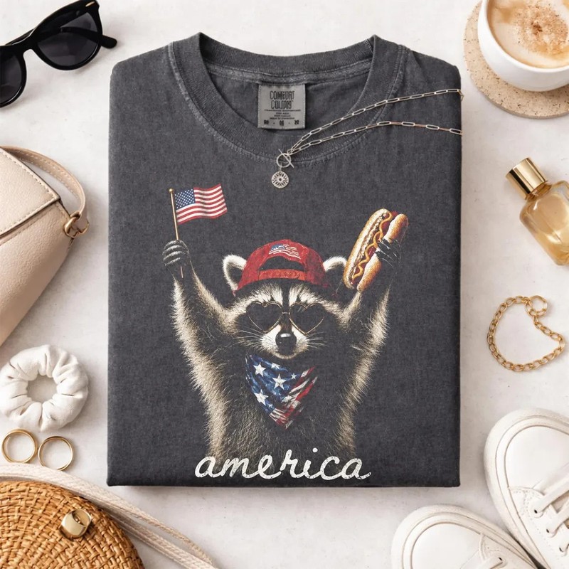 Funny Raccoon Hot Dog Shirt, Patriotic 4th of July USA Animal Tee Gift