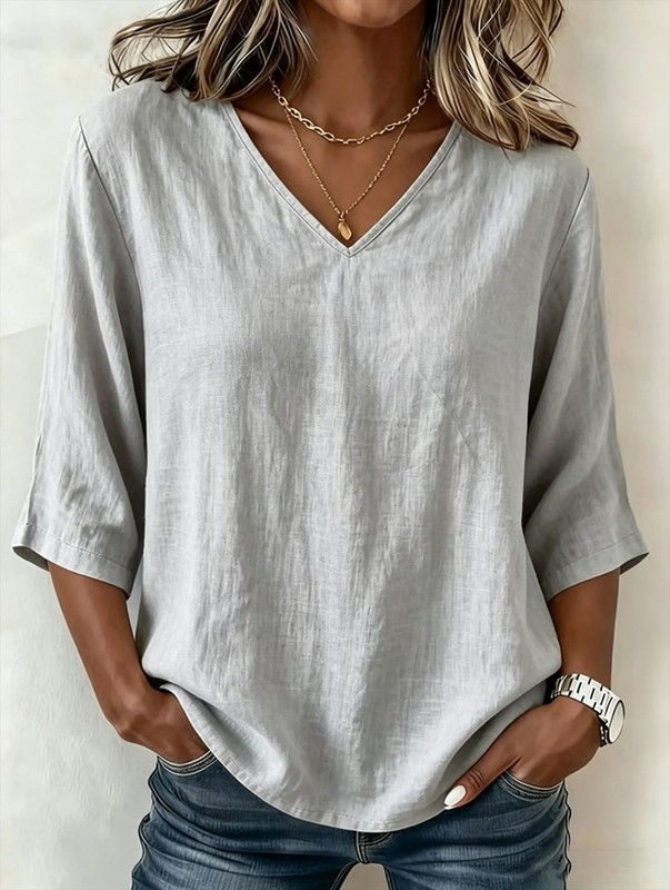 Womens Solid-color Casual Loose-fitting Fashionable V-neck Top