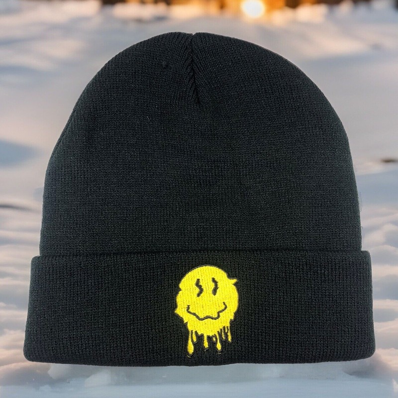 Melting Smiley Face Snowboard Skateboard Beanie Black High Quality Embroidered gallery