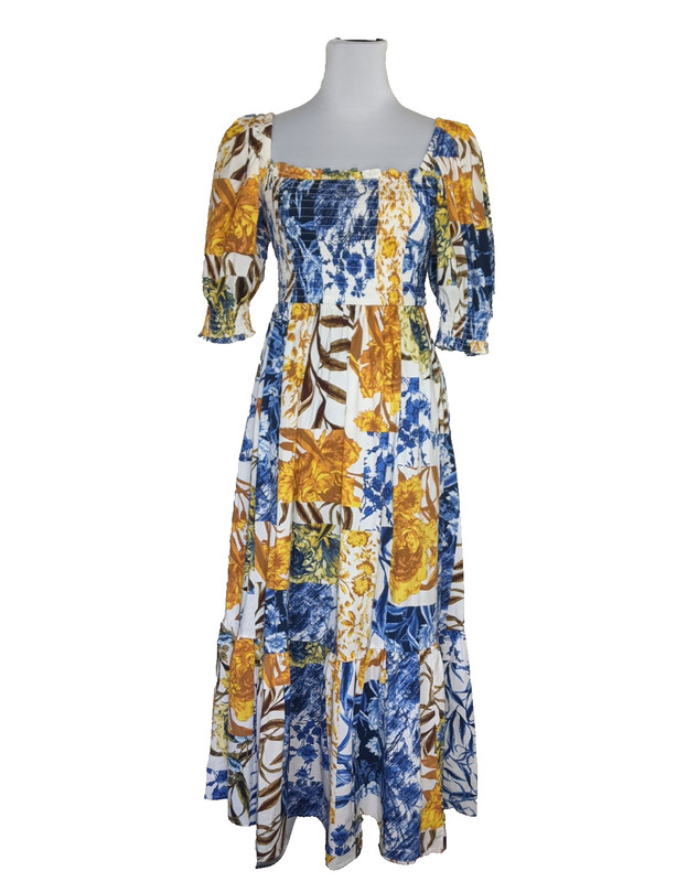 Smocked Maxi Tiered Puff Sleeve Dress XS Blue Yellow Prairie Boho Wedding Party