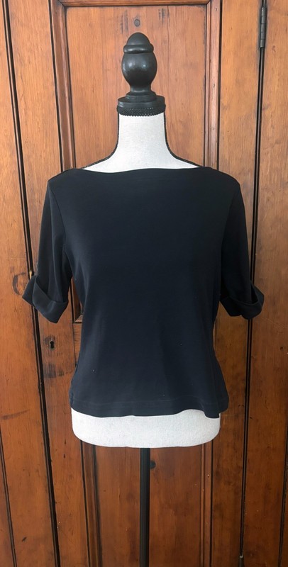 Karen Scott Black Boat Neck Top Womens Medium Short Sleeve Cuffed Stretch Knit