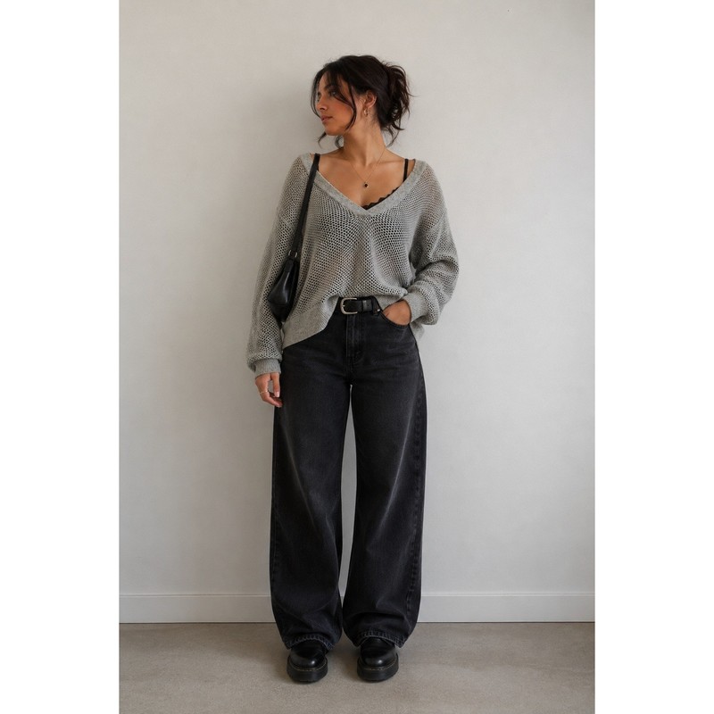 NIC+ZOE Light Gray Open Knit V-Neck Sweater Large Metallic High Low Hem