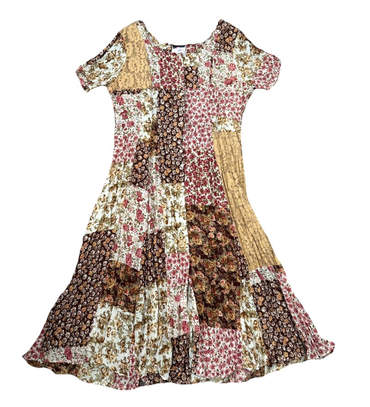 Vtg 90s Granite Patchwork Dress Boho Midi Floral Lace Crinkle Women’s Sz 14