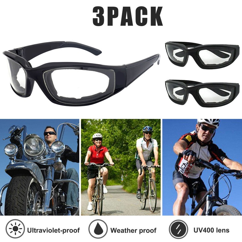 3 Pair UV400 Goggle Chopper Riding Motorcycle Glasses Clear Lens Glasses Padded