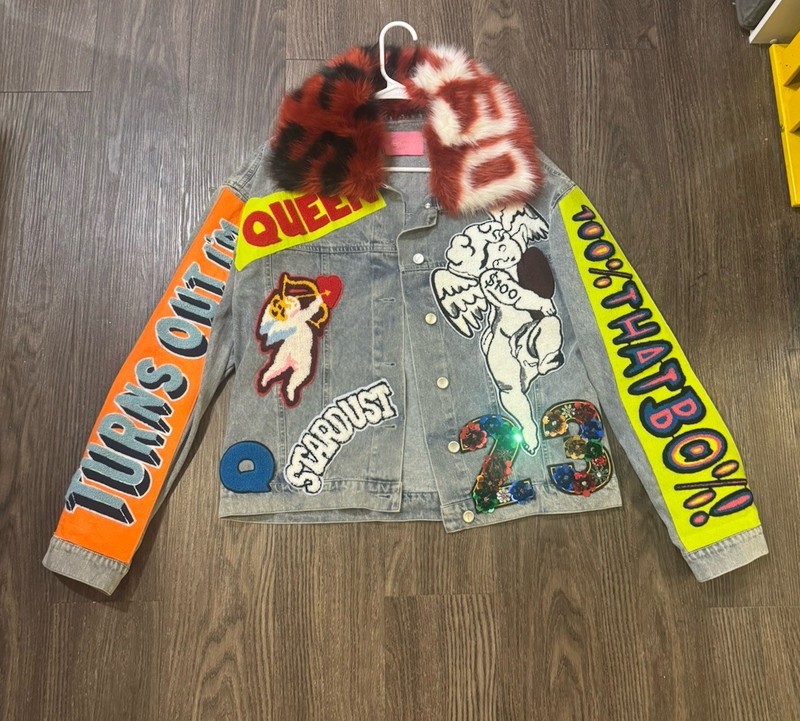 Azalea Wang Jacket Womens Small Denim Kings Queens Angels Patches Cropped Coat