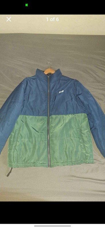 FTP Men’s L Blue Green Colorblock Puffer Jacket Full Zip Stand-Up Collar Logo