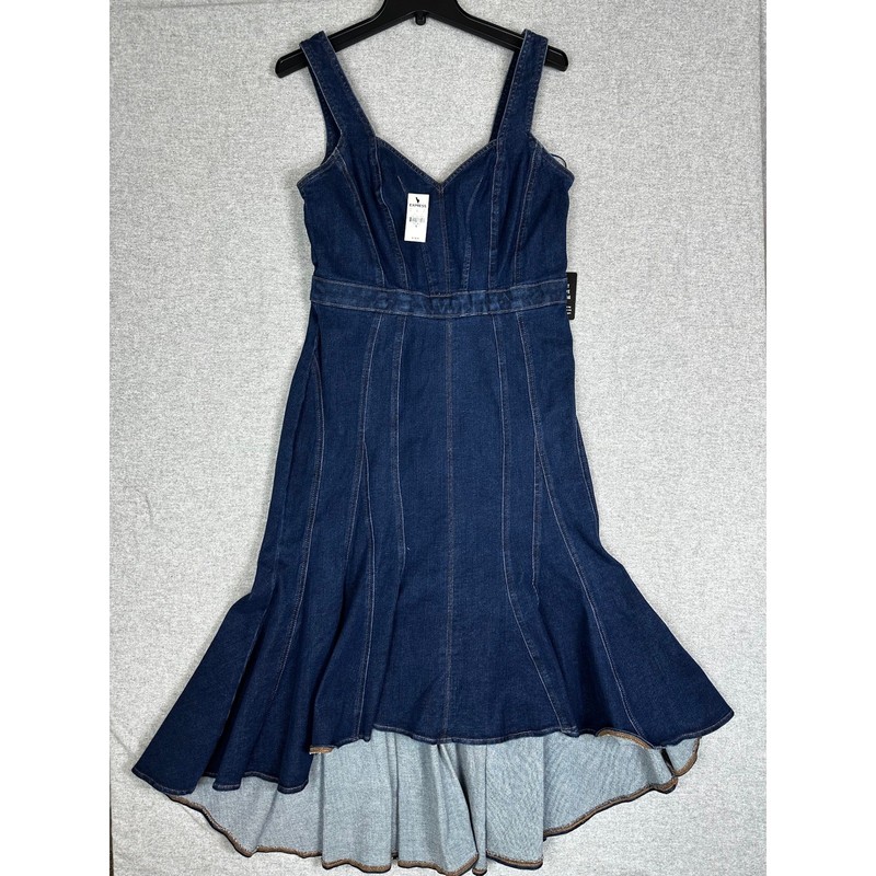 $178 NEW Express Denim Dress Women 12 Blue High Low Fit Flare Stretch Sleeveless