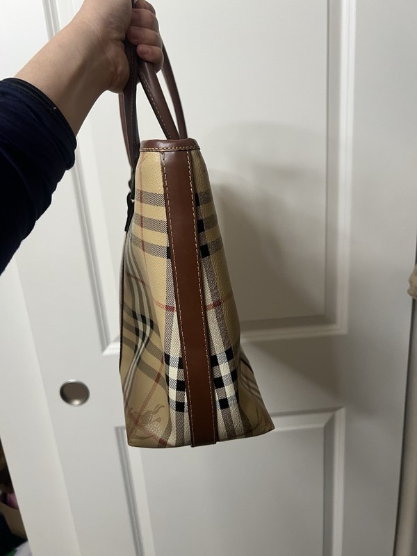 Burberry Beige Nova Check Tote Bag Brown Leather Double Handles Bottom Studs gallery
