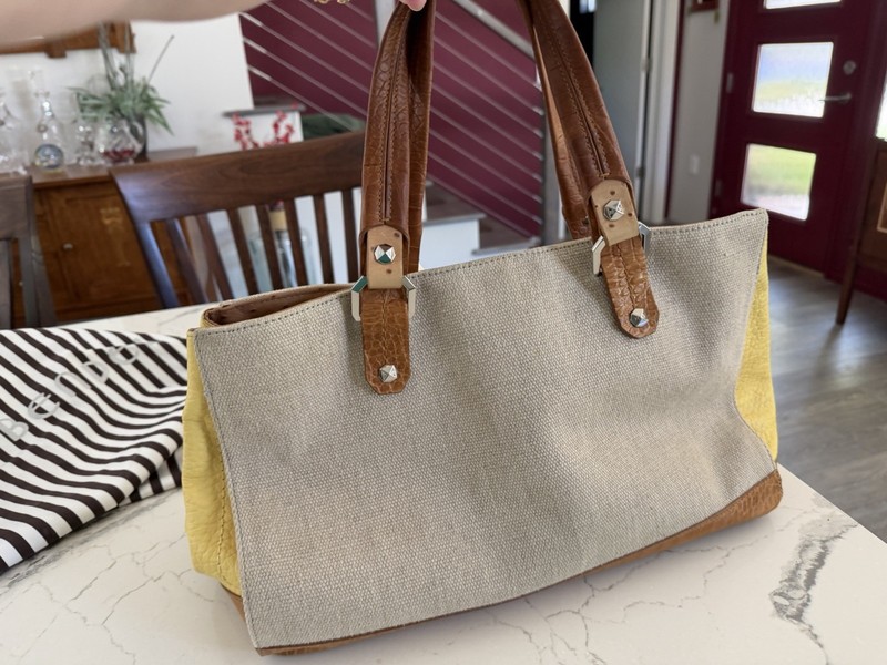 Henri Bendel Mixed Materials Tote Style Bag Tan Yellow And Light Brown gallery