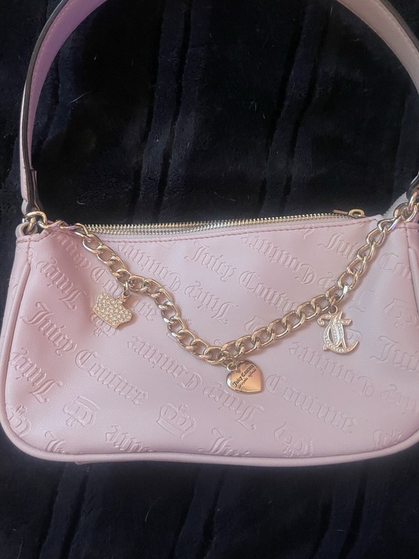 Juicy Couture Pink Embossed Logo Small Shoulder Bag Gold Chain Heart Charm Zip