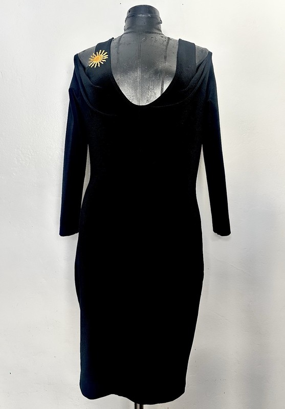 Vintage Black Open Shoulder Dress Gold Sun Brooch Bodycon Cocktail Party Midi