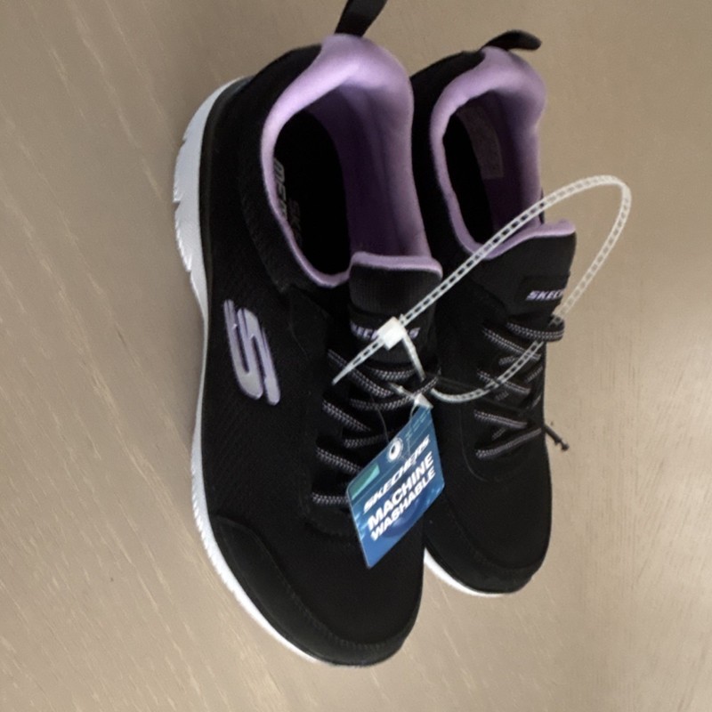 SKECHERS Memory Foam Low Top Lace-Up Athletic Sneakers Black Purple White