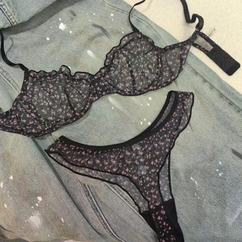 Fashion Floral Prints Women Lingerie Set Fashion Sexy Lace Bra French Ultra Thin