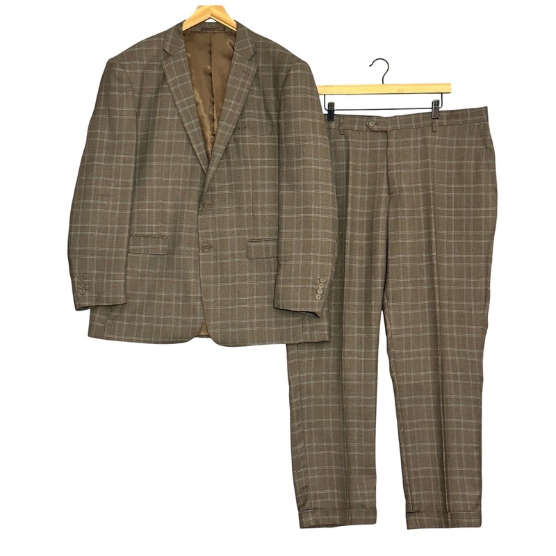 Giorgio Fiorelli Men 48R Suit Brown Windowpane Plaid 2-Button Flat Front Classic