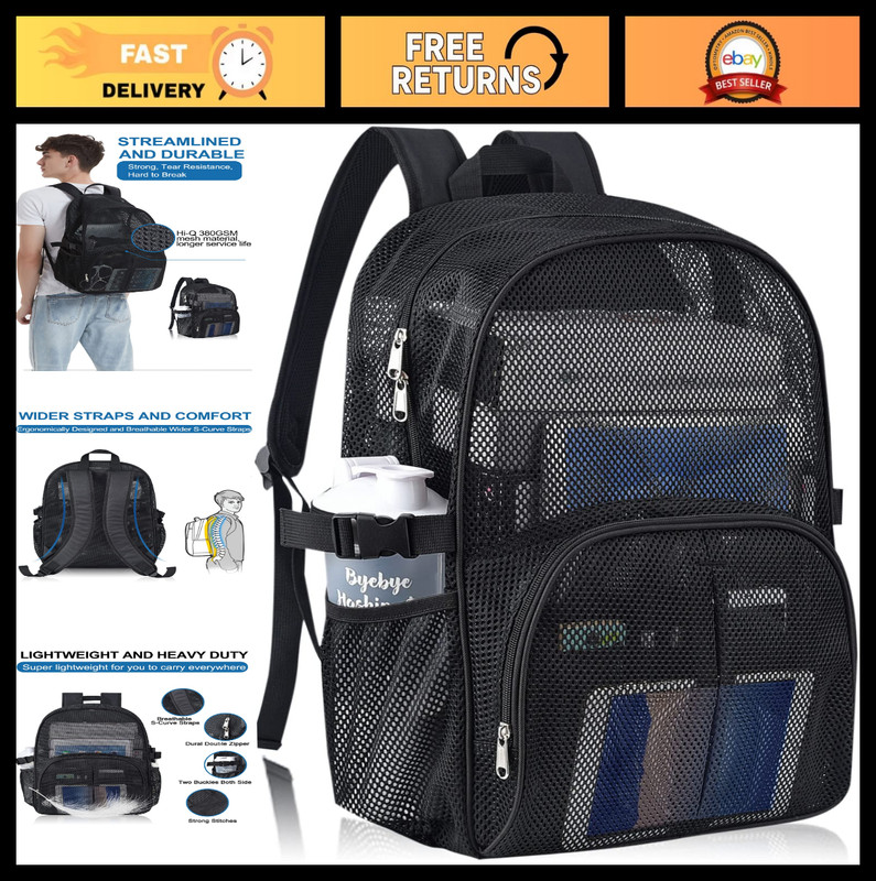 Durable 22L Mesh Backpack for School & Sports, Laptop Compartment, Black Bag