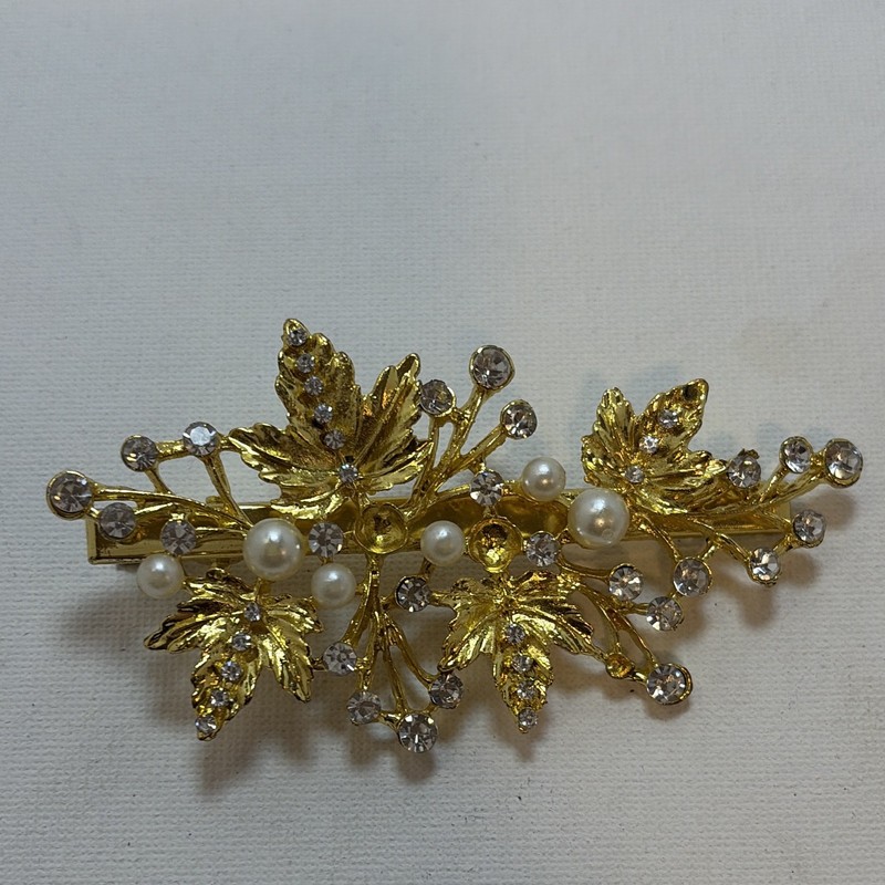 Gold Tone Metal Floral Flower Barrette Clip w/ Faux Pearls & Clear Rhinestones