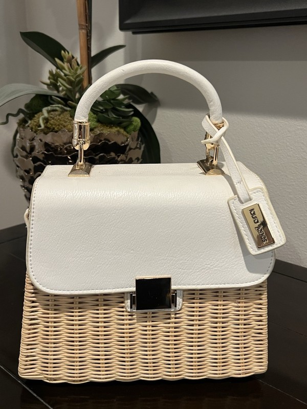 Laura Jones Picnic Summer Bag Woven Straw Base w/ a White Vegan Leather Top Flap gallery