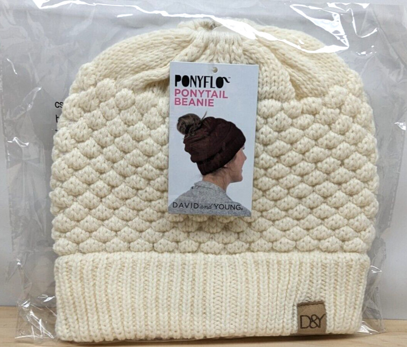 David and Young Ponyflo ponytail beanie Ivory NEW