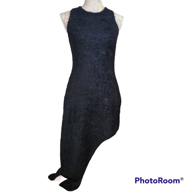 NEW Bardot Size Small Black Fuzzy Bodycon Asymmetrical Sweater Dress gallery