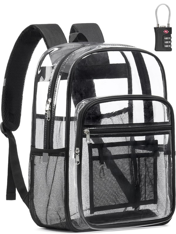 Heavy Duty Clear Backpack with TSA Lock – 18″ Transparent Bookbag for College, T