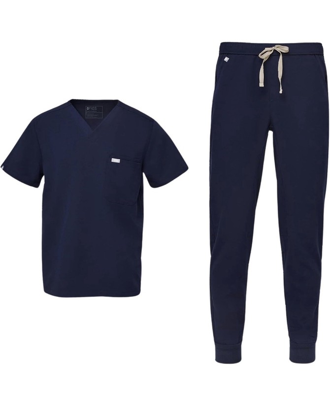 FIGS Navy Solid Medical Unisex Scrub Set V-Neck Top Jogger Pants Drawstring