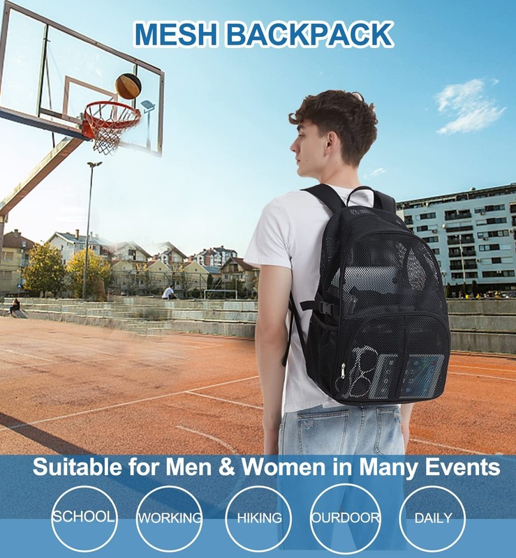 Durable 22L Mesh Backpack for School & Sports, Laptop Compartment, Black Bag gallery