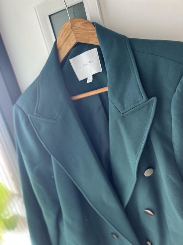 WITCHERY Green Stretch Poly Viscose button-up blazer Jacket Brushed Gold button