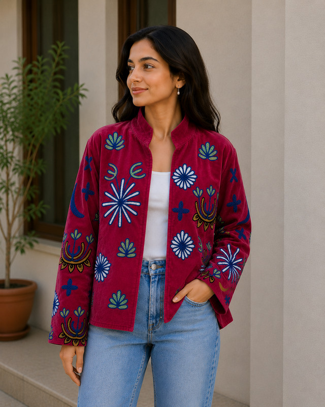 Pink Floral Handmade Boho Outerwear Jackets Women’s Velvet Suzani Jacket Bright