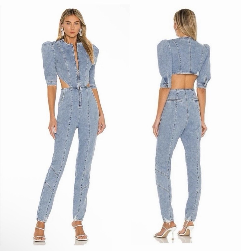 Retrofete Kiara Puff Sleeve Cutout Jumpsuit in Light Laguna Denim Jean XS NWT