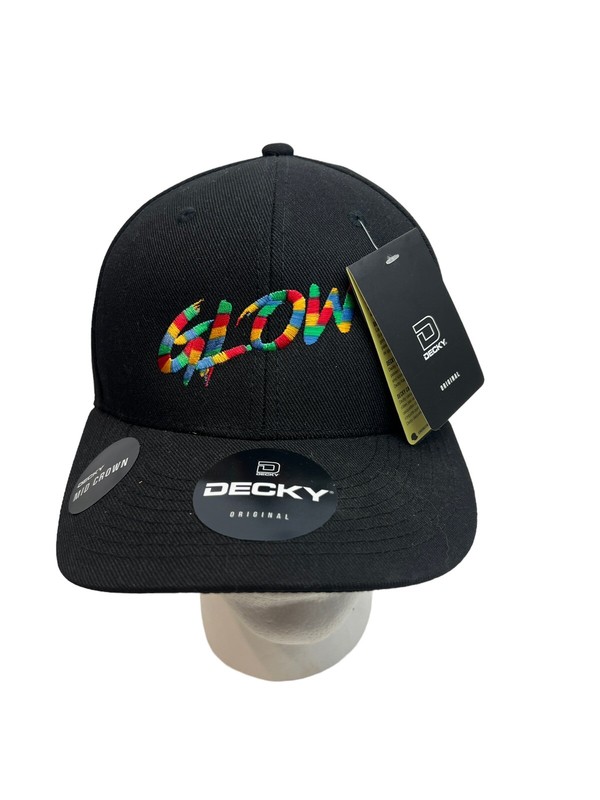 DECKY 6 Panel Mid Profile Structured Baseball Cap Hat 207-BLK “GLOW” Embroidered