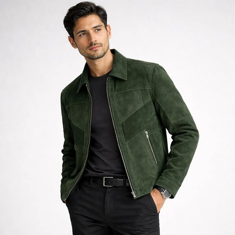 Olive Green Western Trucker Casual Suede Leather Jacket Contemporary Heritage gallery