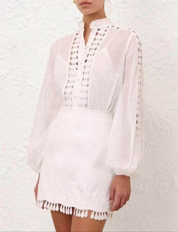 Zimmermann New Puff Sleeve Cut Out Blouse A-Line High Waist Short Skirt Set