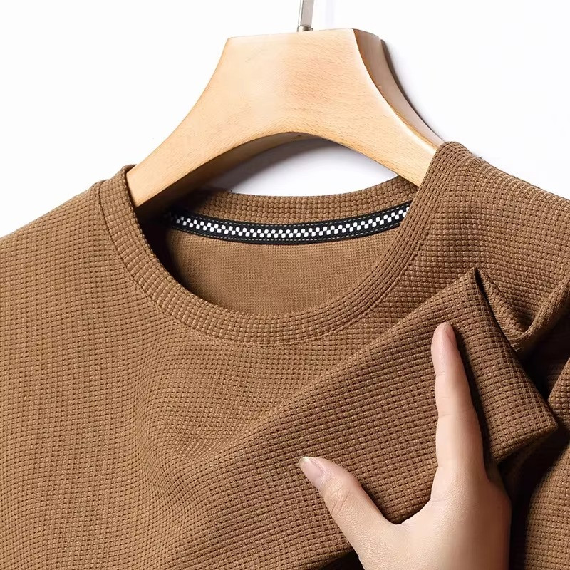 New Summer Waffle Round Neck Short Sleeved T-shirt for Men's Short Sleeved Top gallery