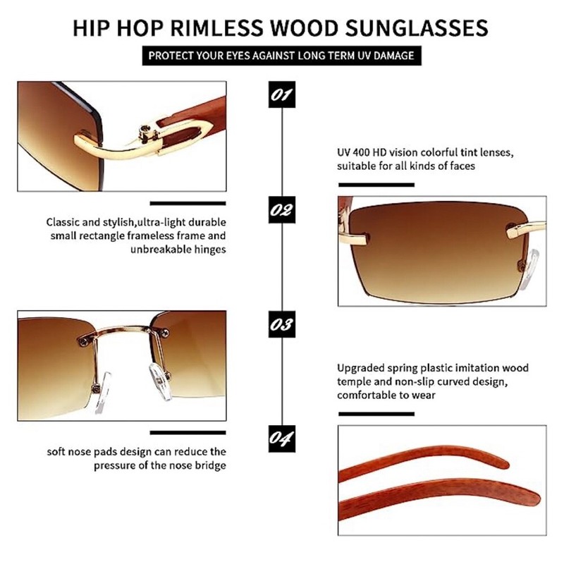 Mens Women's Gold Frame Rimless Woodgrain Brown Tint Buffs Hip Hop Sunglasses gallery