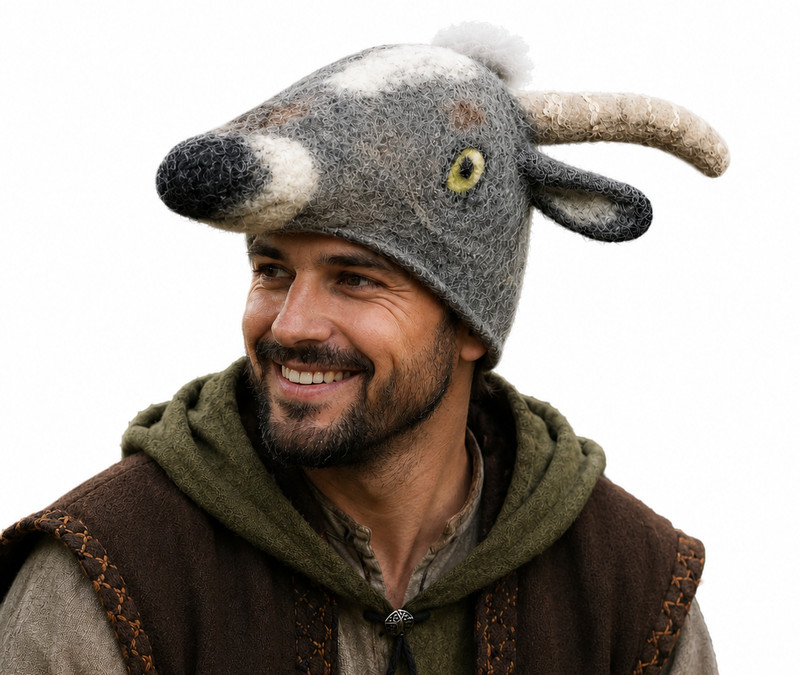 Handmade Felted Goat Hat Wool Animal Cosplay Headpiece LARP Costume Fantasy
